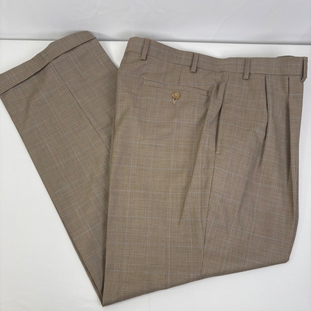 Lauren Ralph Lauren Mens Brown Glen Plaid 100% Wool Pleated Cuffed Pants 36x30